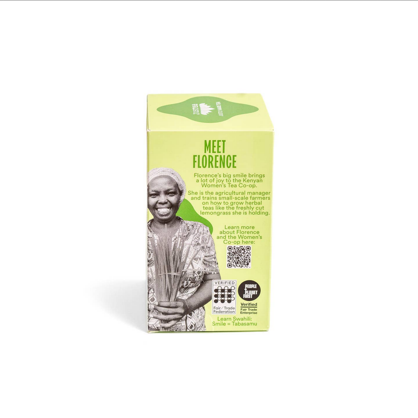 Product packaging with a woman holding lemongrass and text &