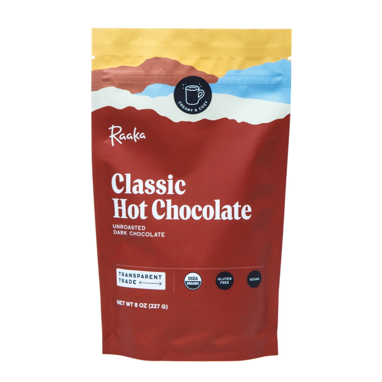 Raaka Classic Hot Chocolate package on a white background