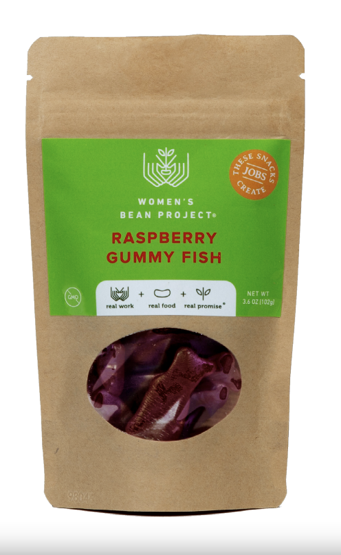 A bag of raspberry gummy fish with a green label