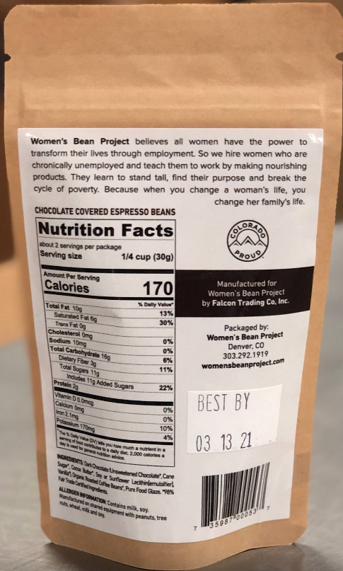 A resealable bag of chocolate covered espresso beans