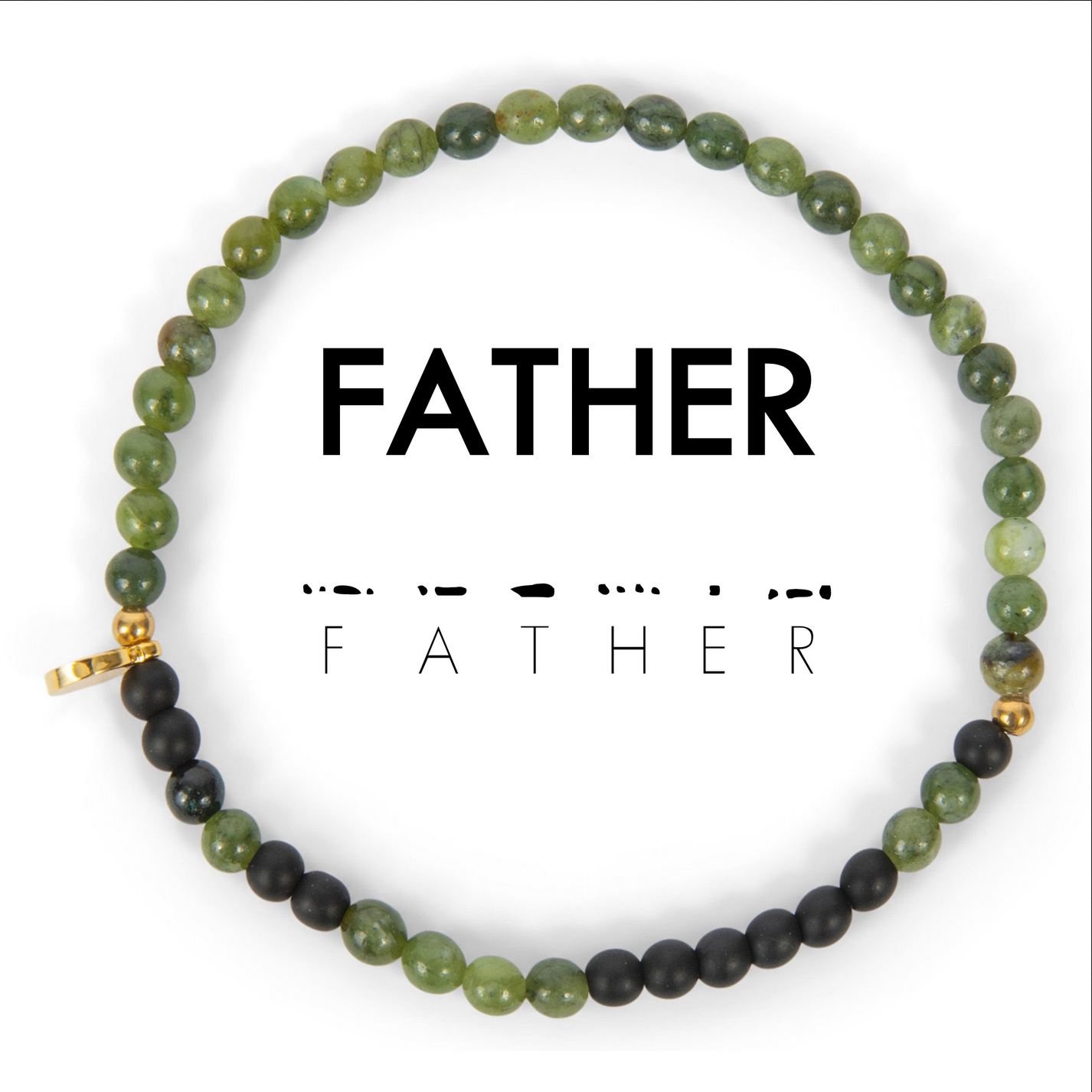 Bracelet with green and black beads on a white background with &