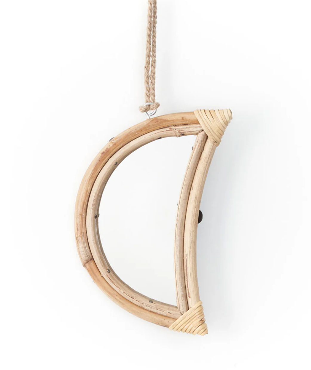 Hanging moon shaped mirror on a white background