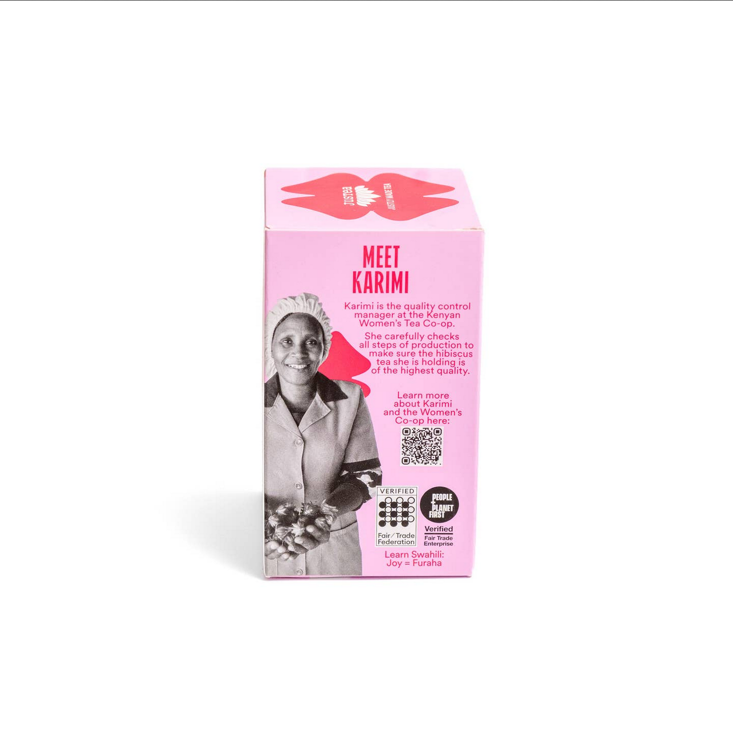 Product packaging with a pink background and text about &