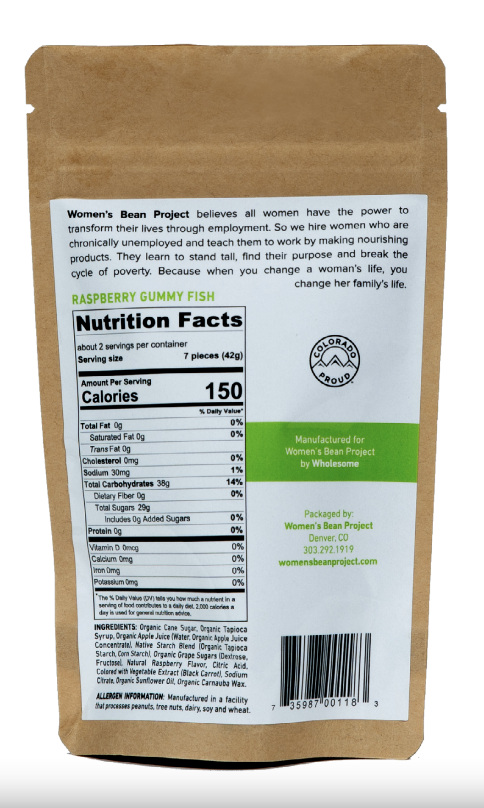 The back label of a bag of raspberry gummy fish including nutrition facts