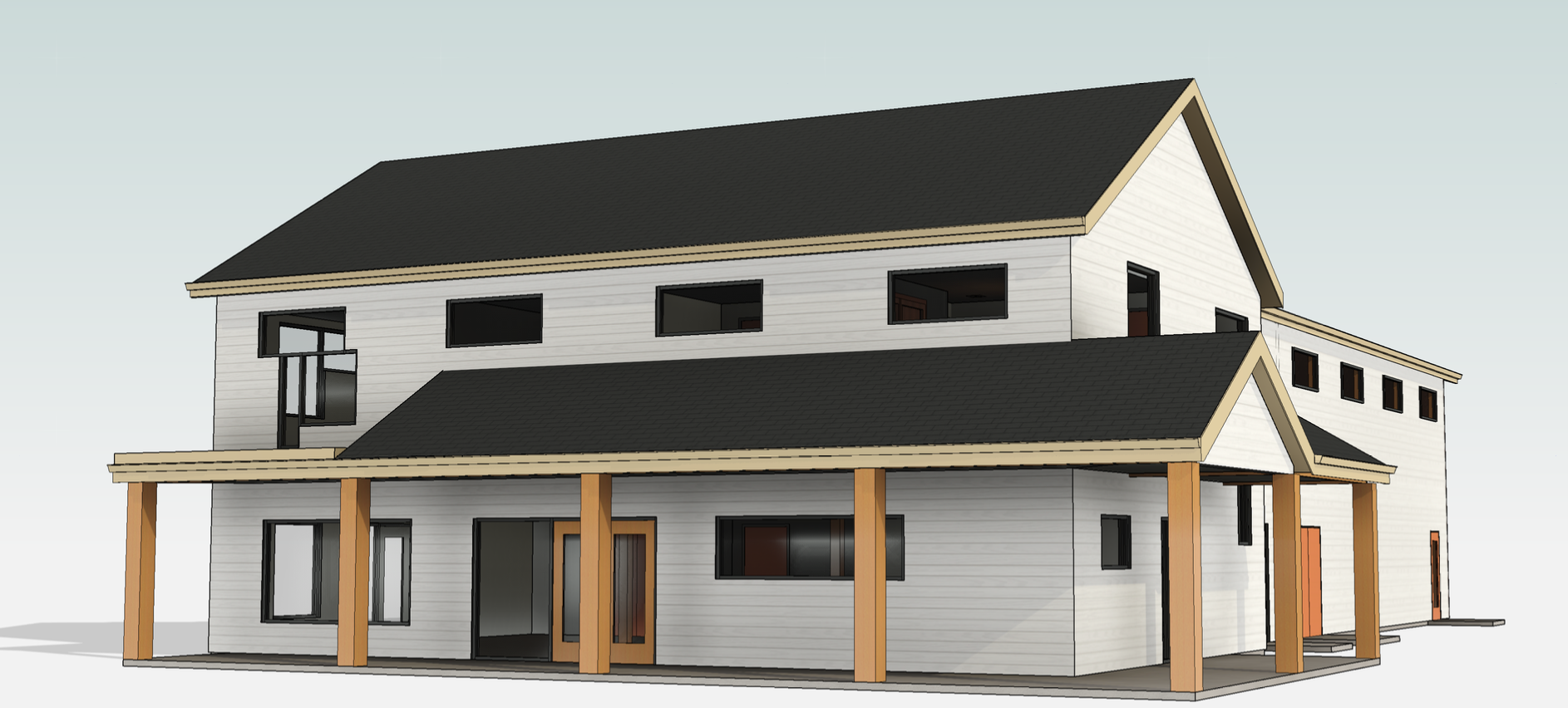 A photo drawing of a black and white building with wood columns