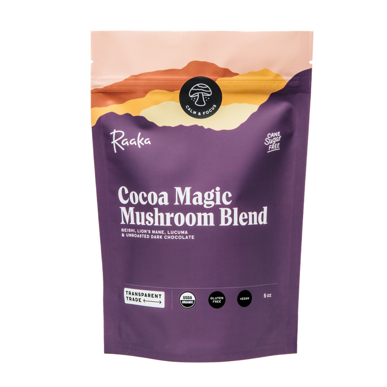 Purple package of Raaka Cocoa Magic Mushroom Blend on a white background
