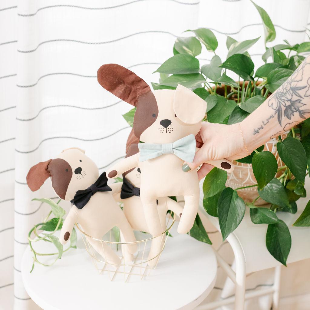 A person holding a stuffed toy dog with a bowtie with a plant in the background