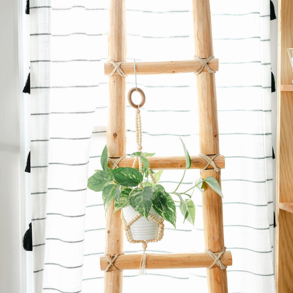 A plant displayed in a wooden beaded plant hanger hanging from a ladder