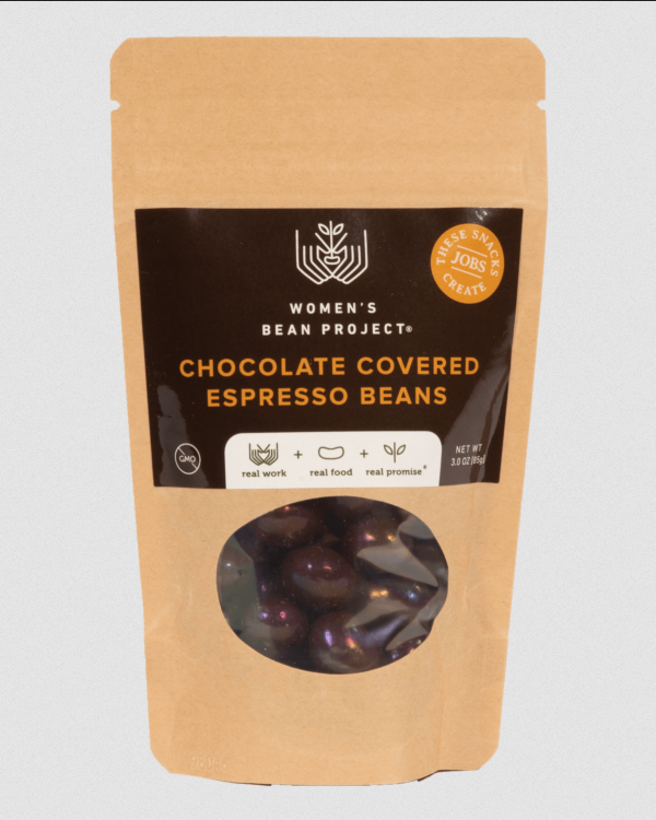 A resealable bag of chocolate covered espresso beans