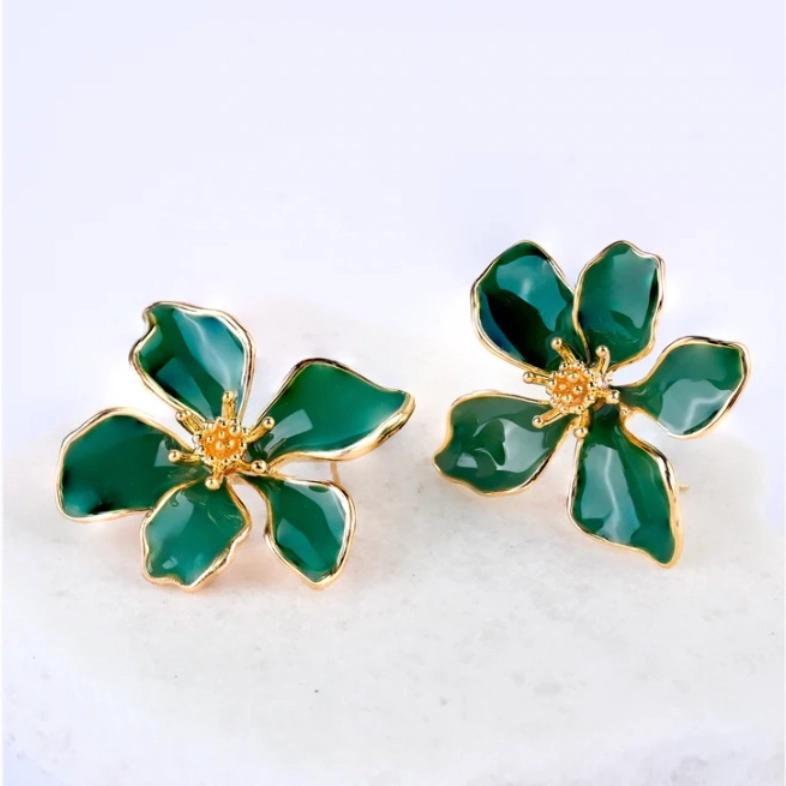Emerald + Gold Flower Earrings