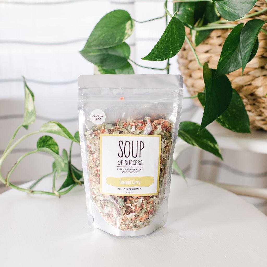 Packaged coconut curry soup mix in a clear plastic pouch with a label, displayed on a white surface with green plants in the background.