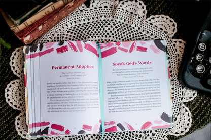 Open book with text on a lace doily