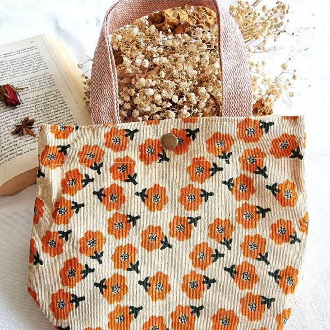 Orange Flower Printed Lunch Bag