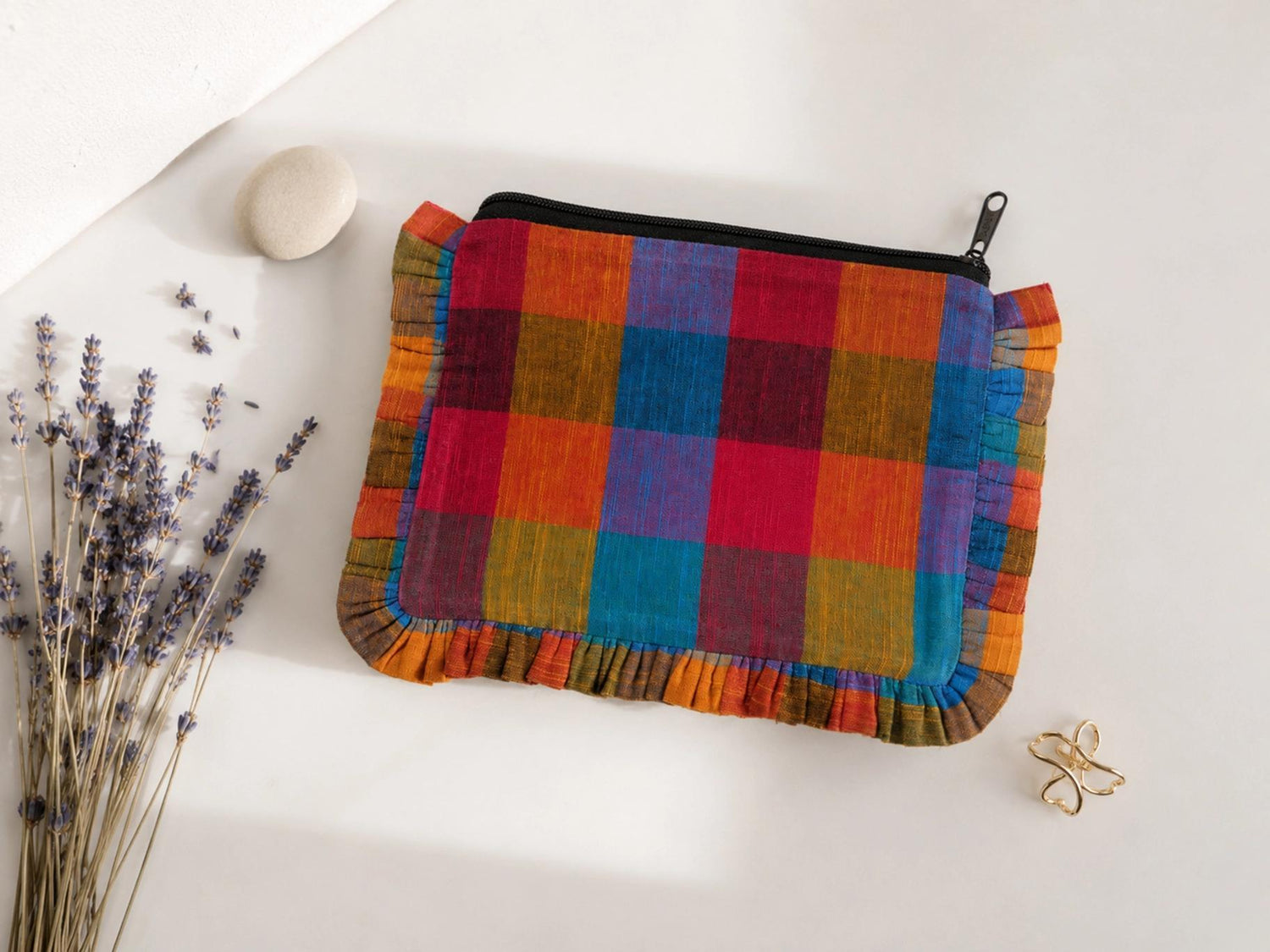 Madras Checked Ruffle Pouch
