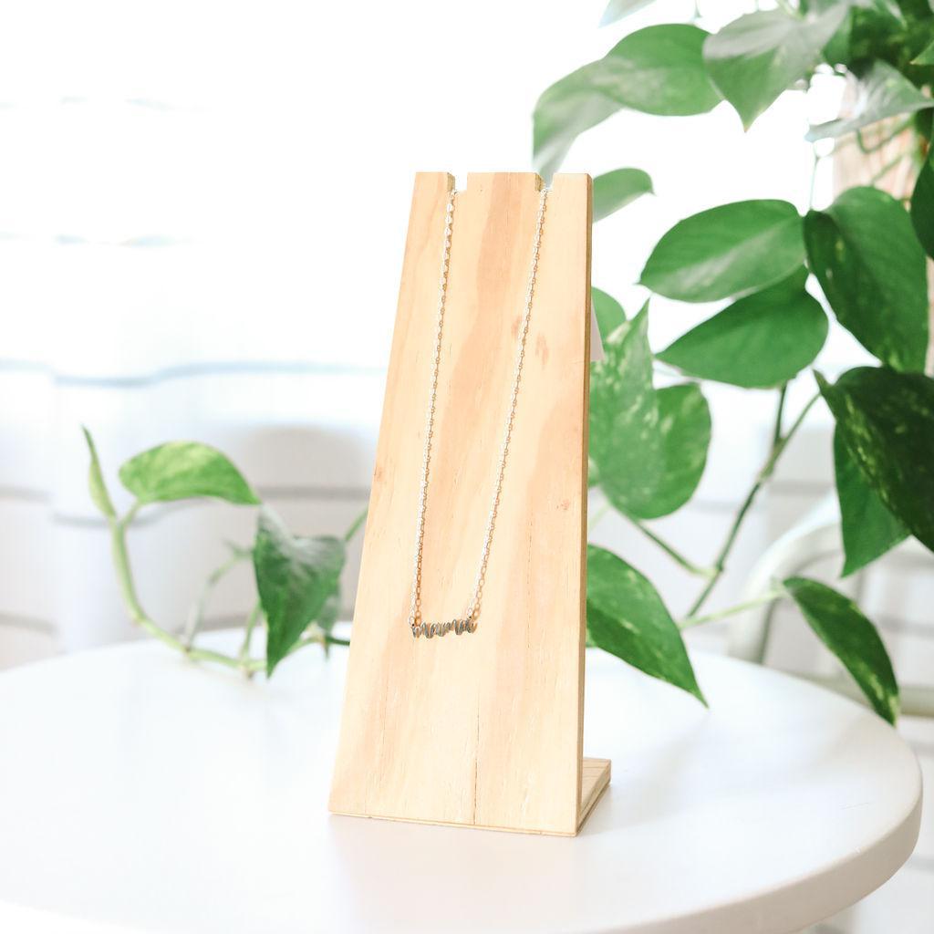 Silver necklace on a wooden stand with green leaves in the background