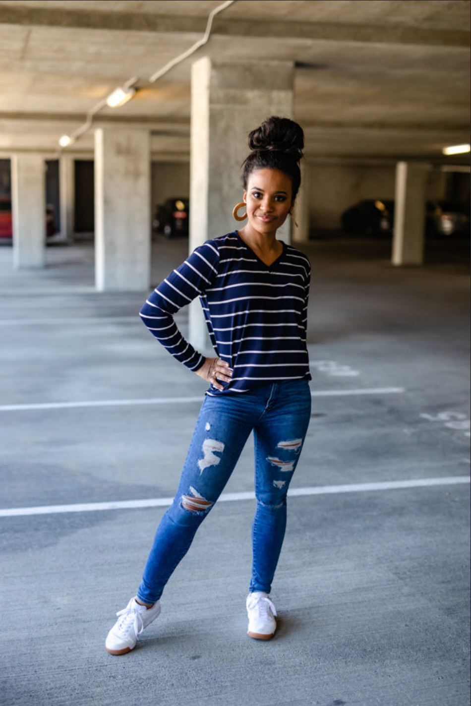 Navy Stripe LS V-Neck Tee