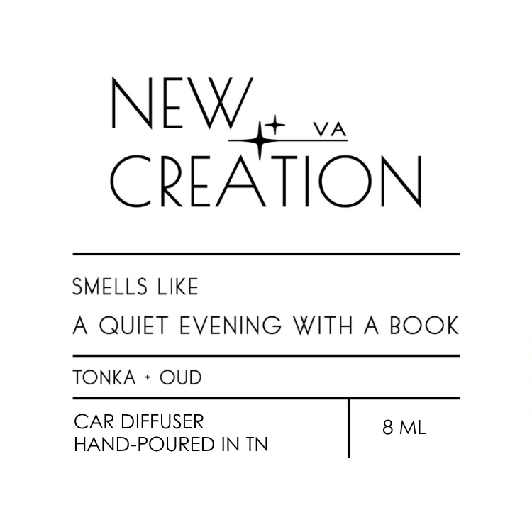 New Creation car diffuser label with description and product details on a white background