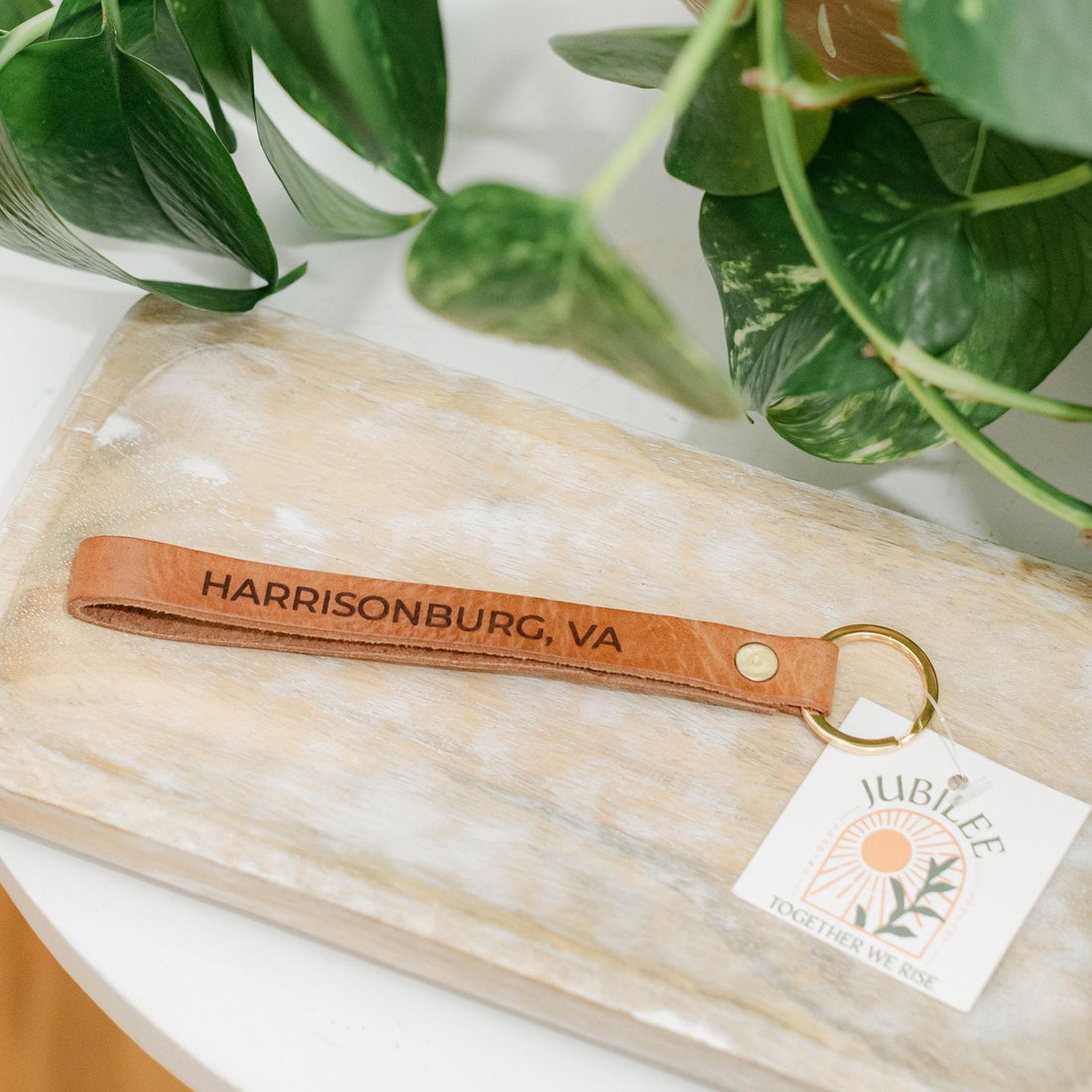 Leather wristlet keychain with &