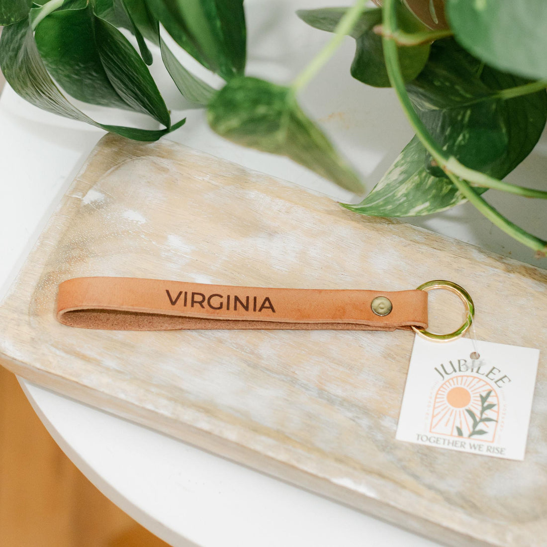 Leather wristlet keychain with &