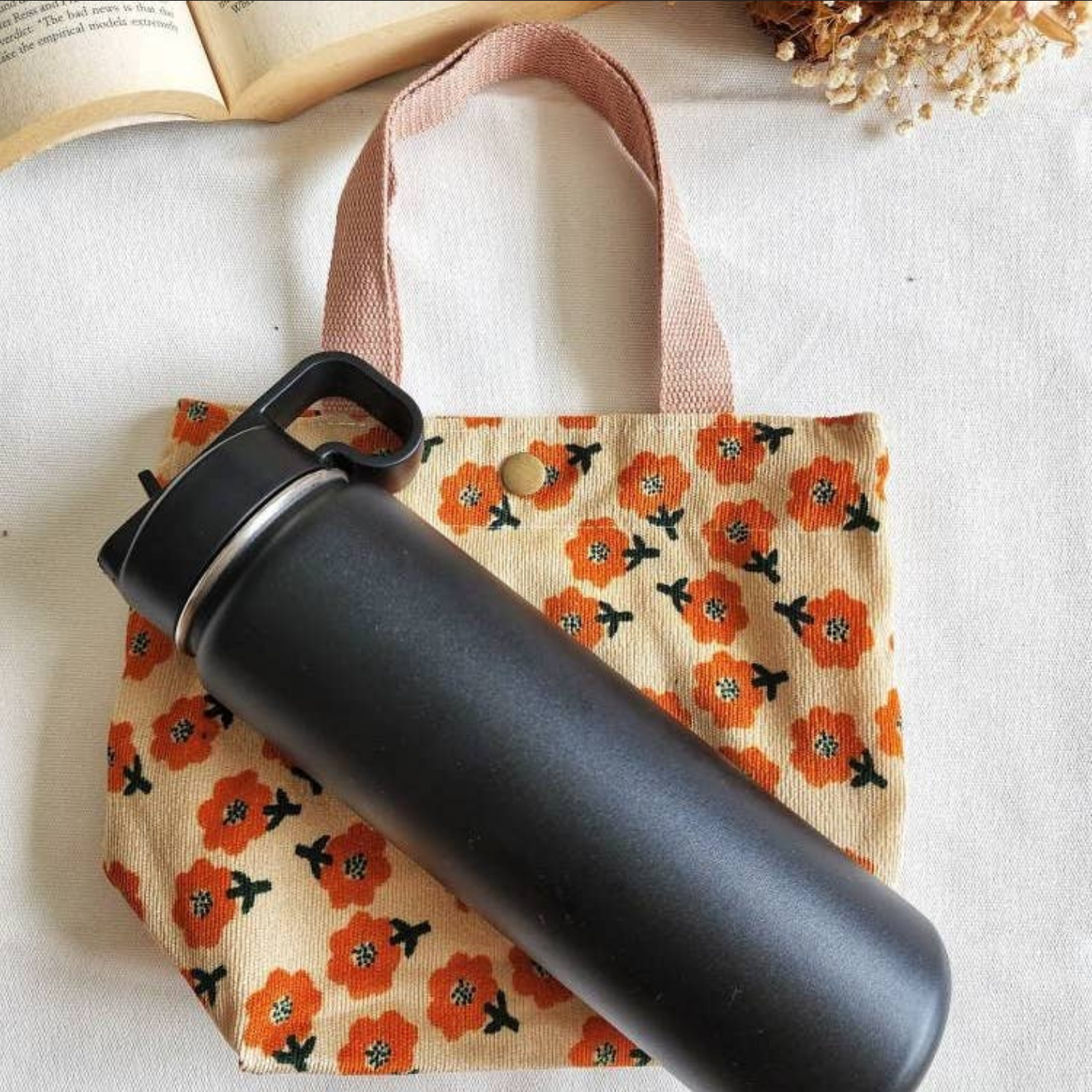 Orange Flower Printed Lunch Bag