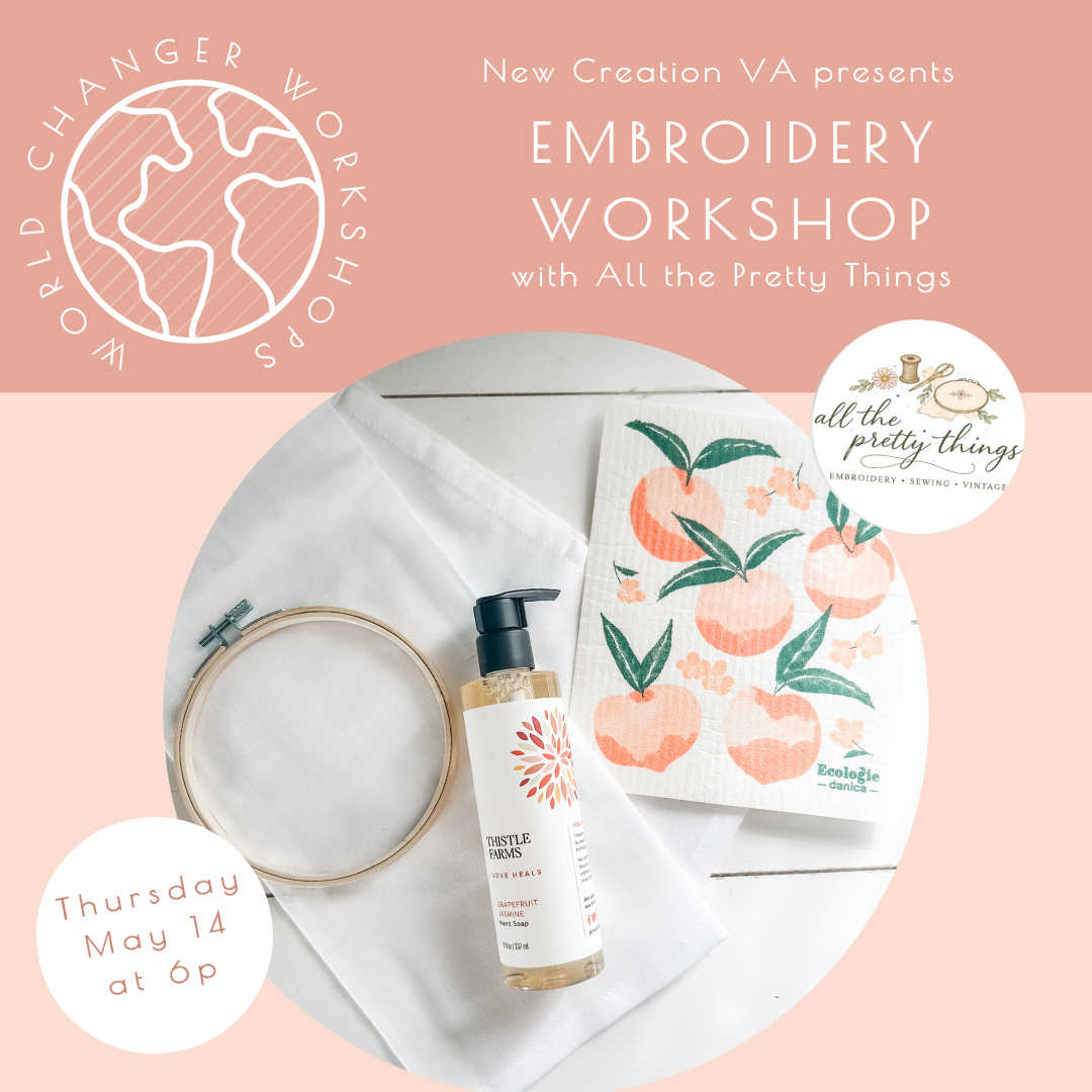 Promotional flyer for an embroidery workshop with products and branding elements.