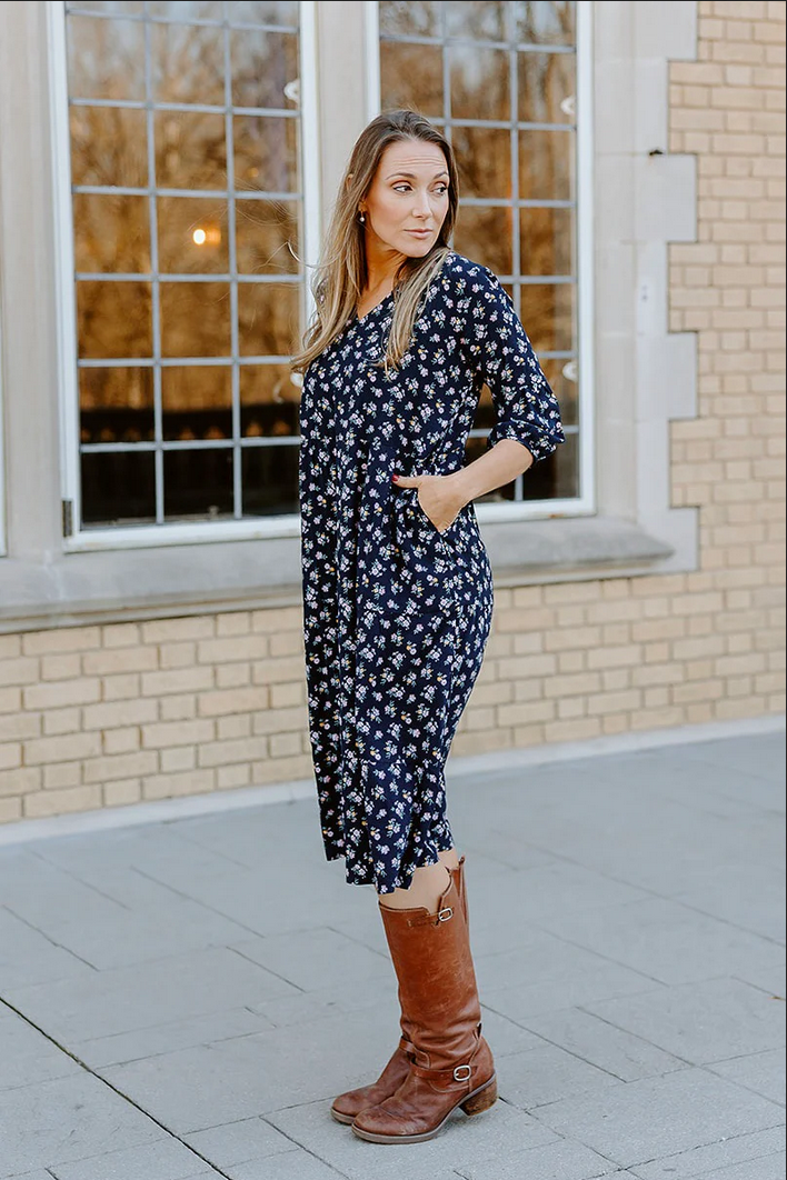 Navy Floral LS Tier Dress