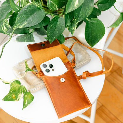 A small leather bag on a wooden display with a plant in the background