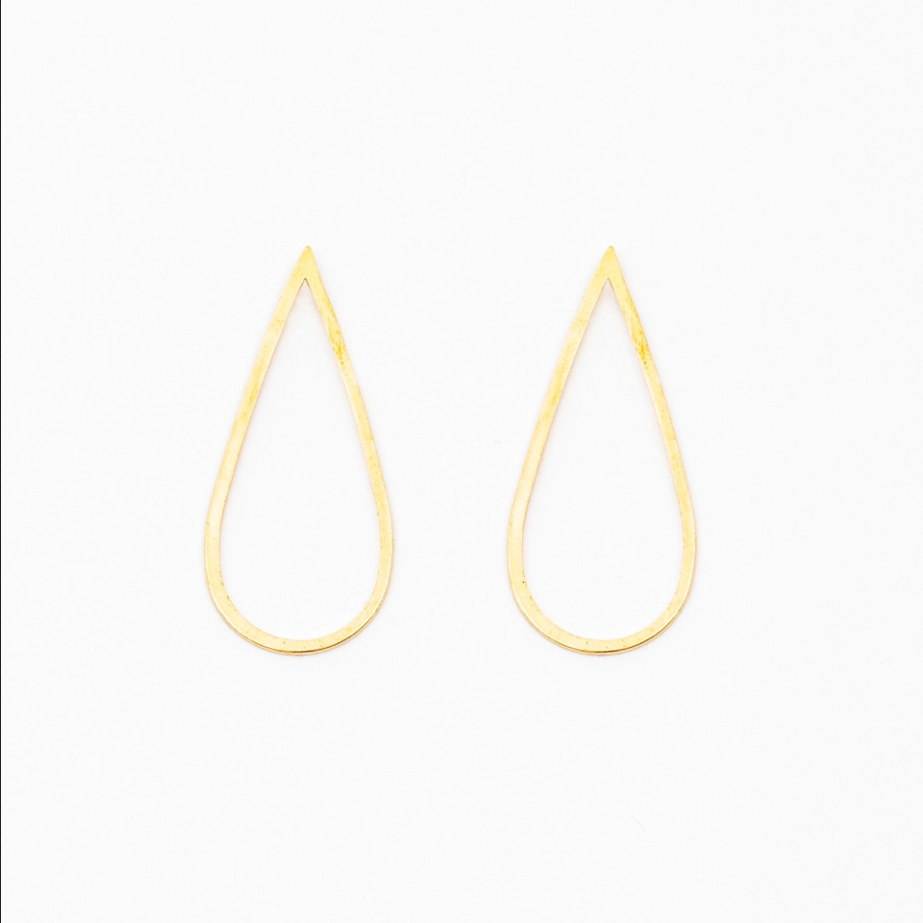 A pair of gold teardrop-shaped earring set on a white background