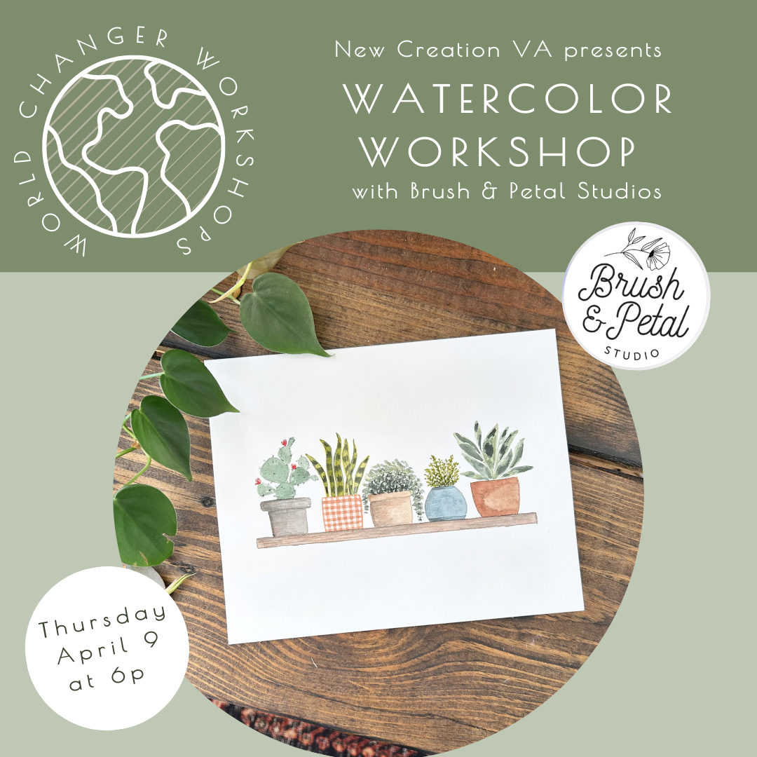 Advertisement for a watercolor workshop featuring a painting of potted plants on a wooden surface.