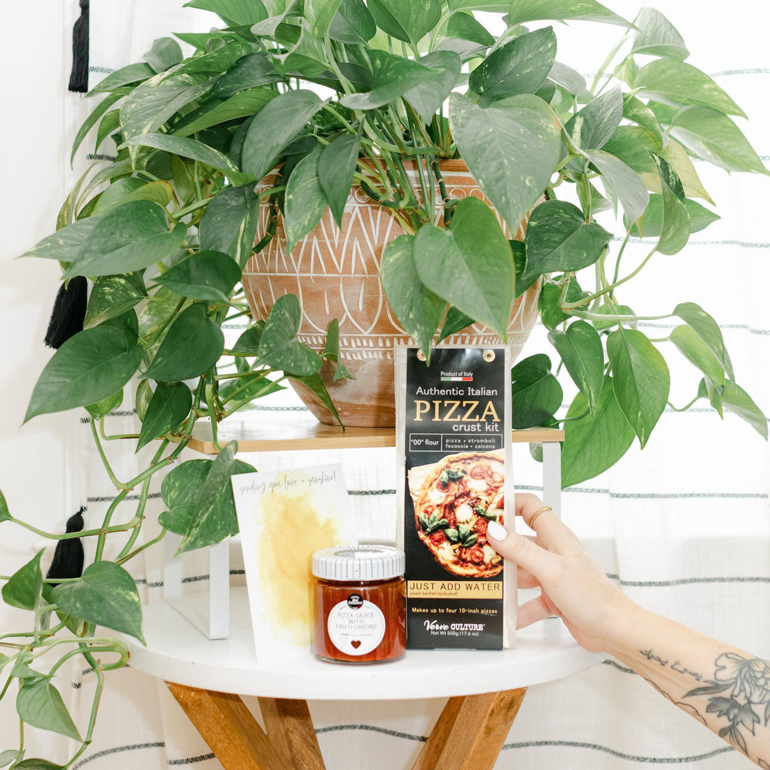 A hand holds a bag of Authentic Italian Pizza crust kit and a jar of pizza sauce, in front of a potted pothos plant on a white side table. 
