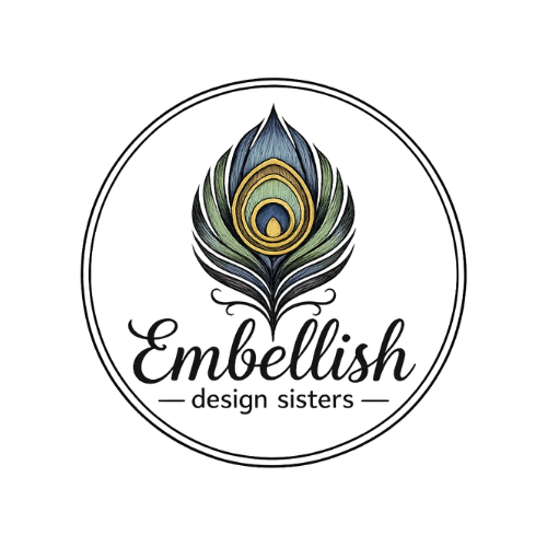 A circular logo featuring a stylized peacock feather in blue, green, and gold tones above the words 'Embellish design sisters' on a white background.